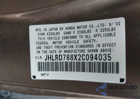 2002 Honda Cr-V Ex из США, поврежденный, VIN JHLRD788X2C094035